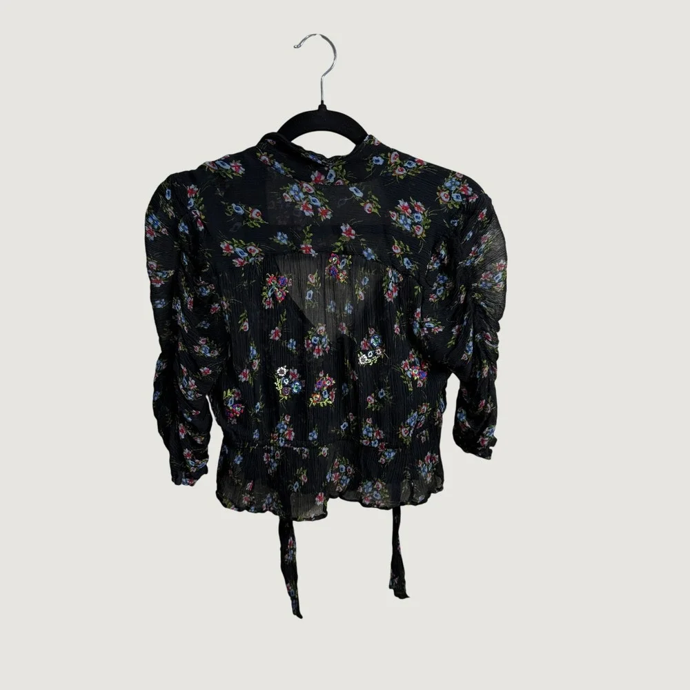 Free People Black Embroidered Floral Crinkle Sheer Smocked Peplum Top Cottage S